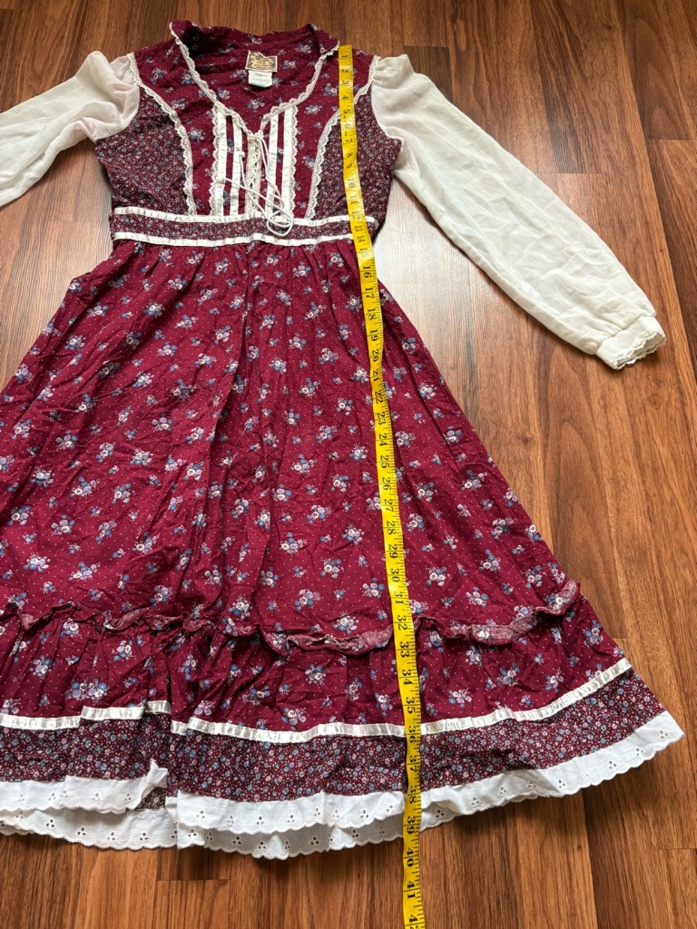 gunne sax 70s vintage maroon floral prairie long sleeve dress - Picture 8 of 8